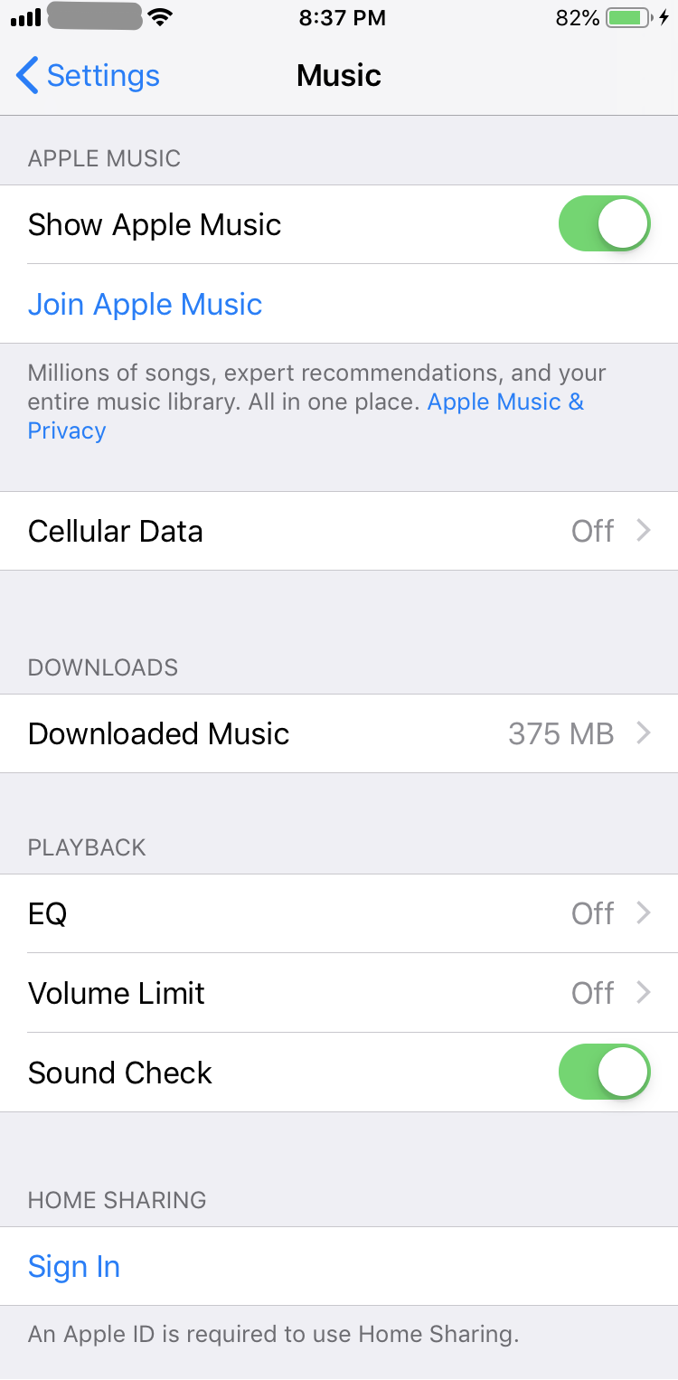 iPhone Music Settings Screenshot
