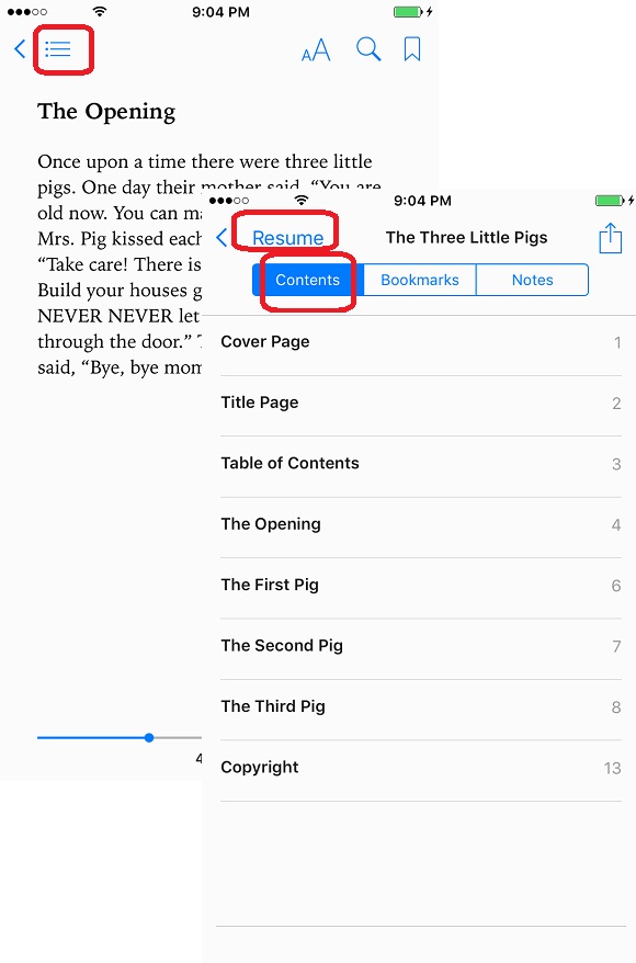 Access Table of Contents of eBook