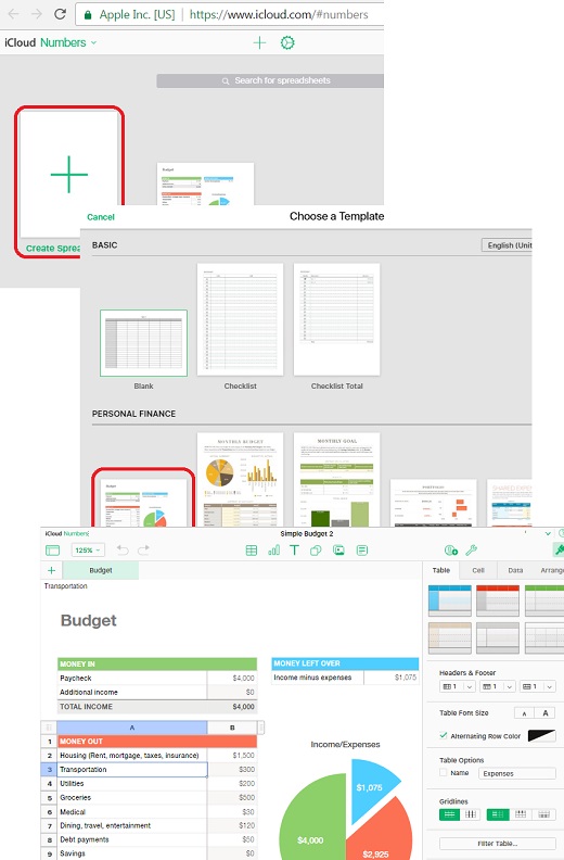 Add Numbers Document on iCloud.com with Web Browser