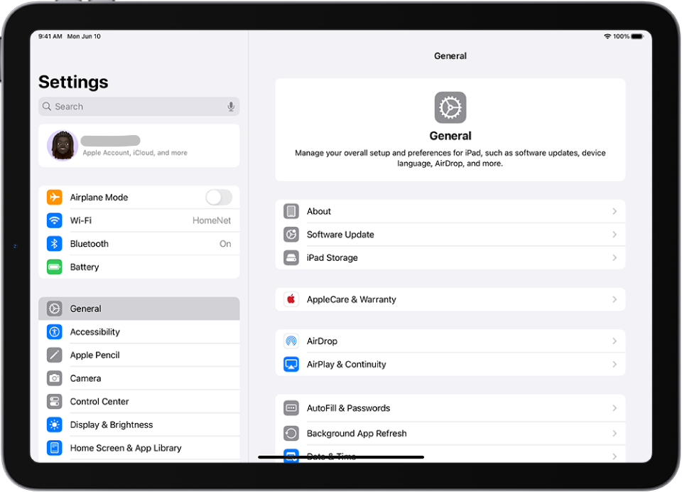 General Setting Options on iPad