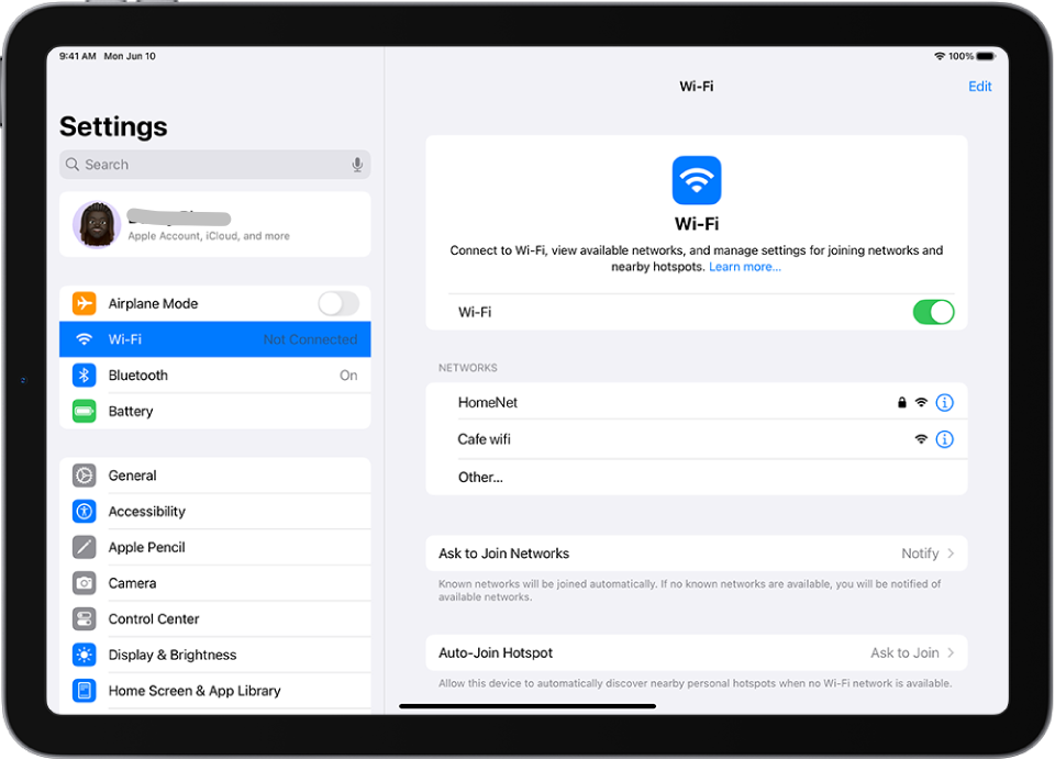 Top Level Setting Options on iPad