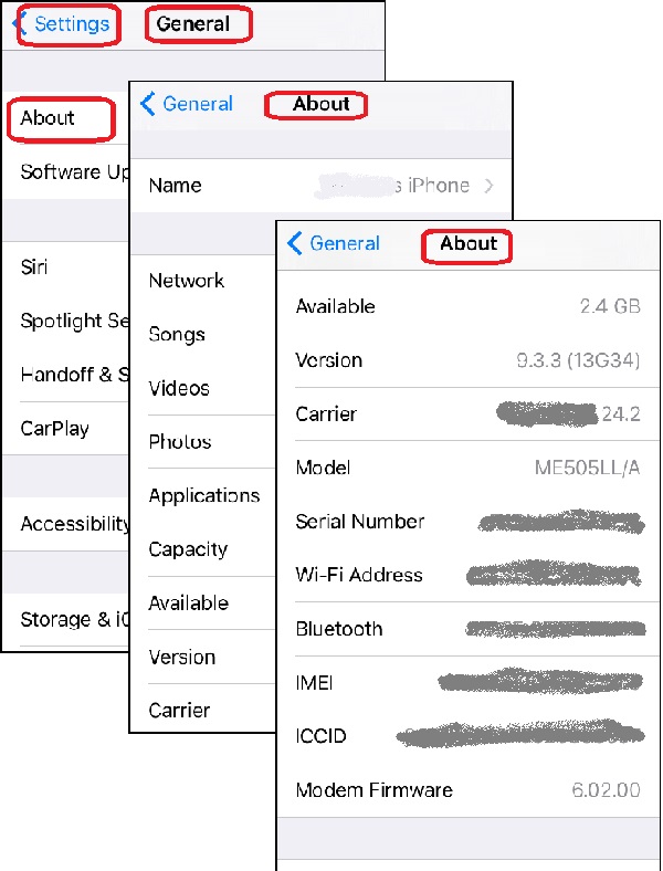 Settings > General > About Information on iPhone
