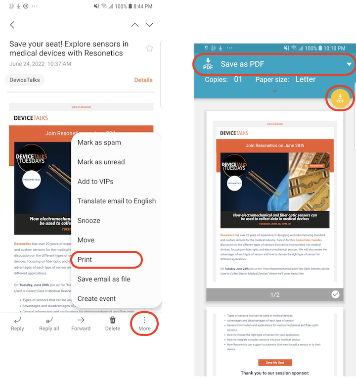 Print Samsung 'Email' Messages as PDF Files